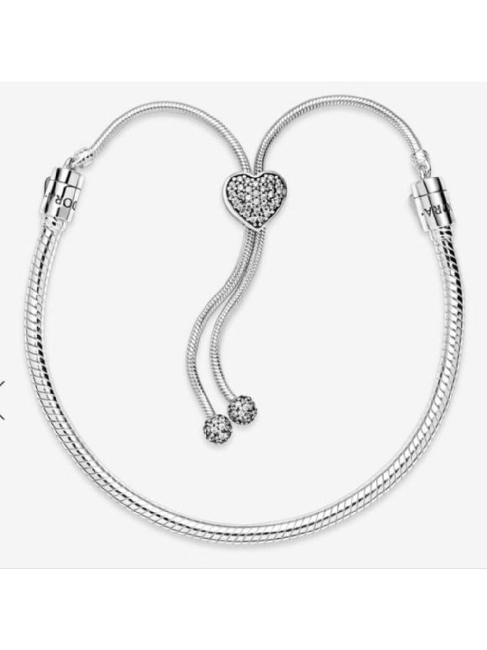 Pandora Moments Pavé Heart Clasp Snake Chain Slider Bracelet 11" adjustable